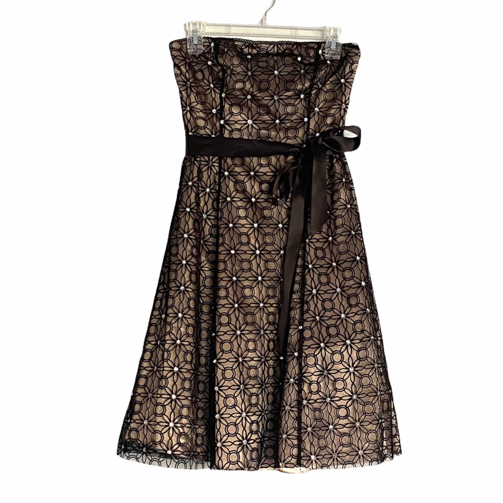 Adrianna Papell Evening Black Floral Strapless Fit & Flare Midi Cocktail Dress